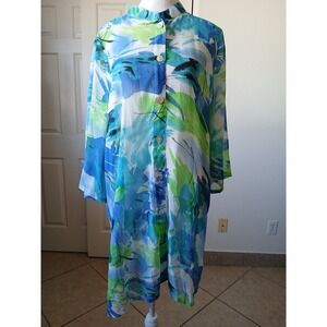 Ulla‎ Popken Women's Button Front Tropical Print Sheer Shirt Dress Tunic 12/14